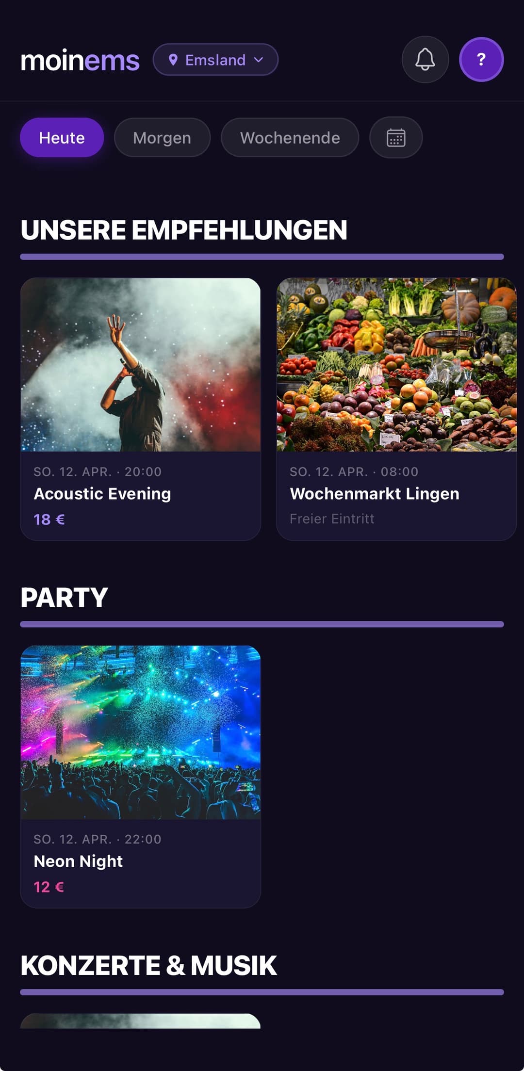 moinems App — Event-Übersicht